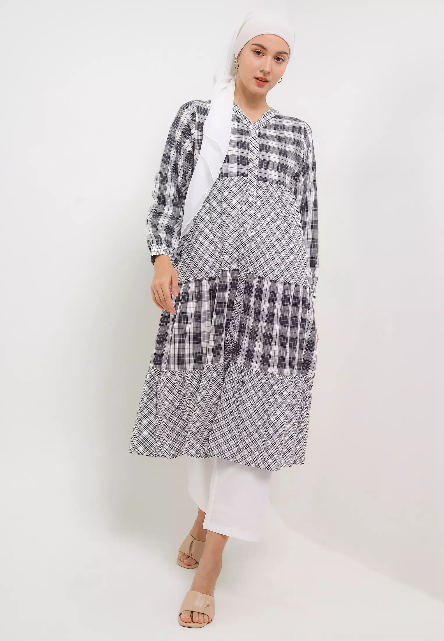 MFMW Helios Midi Dress Hitam Motif Kotak