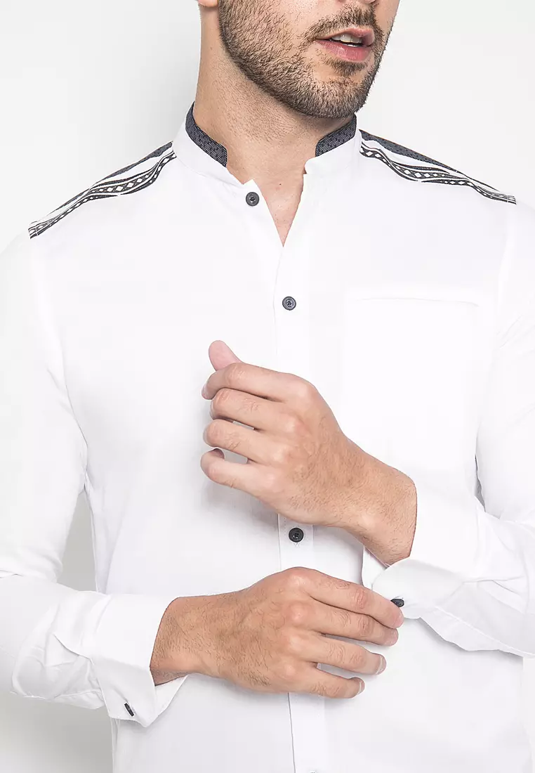 LGS - Slim Fit - Baju koko - Bordir Simetris - Kancing Hitam - Putih - JSH.385.S1045KF.341.C-L/S