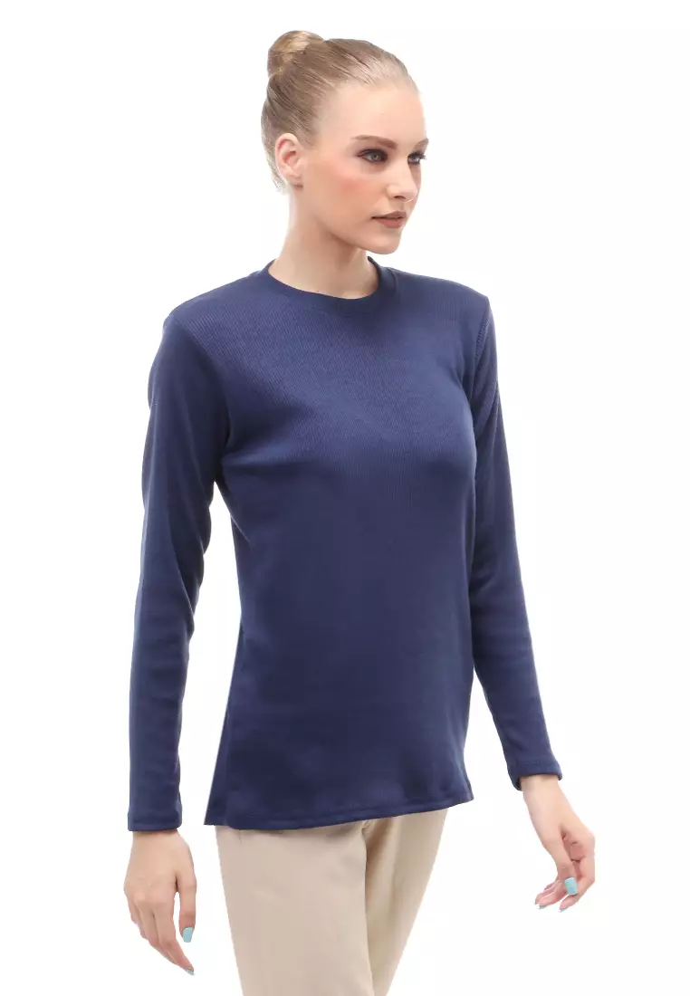 Briley Kaos Atasan Wanita Long Sleeves Motif Salur Relaxed Fit - Navy