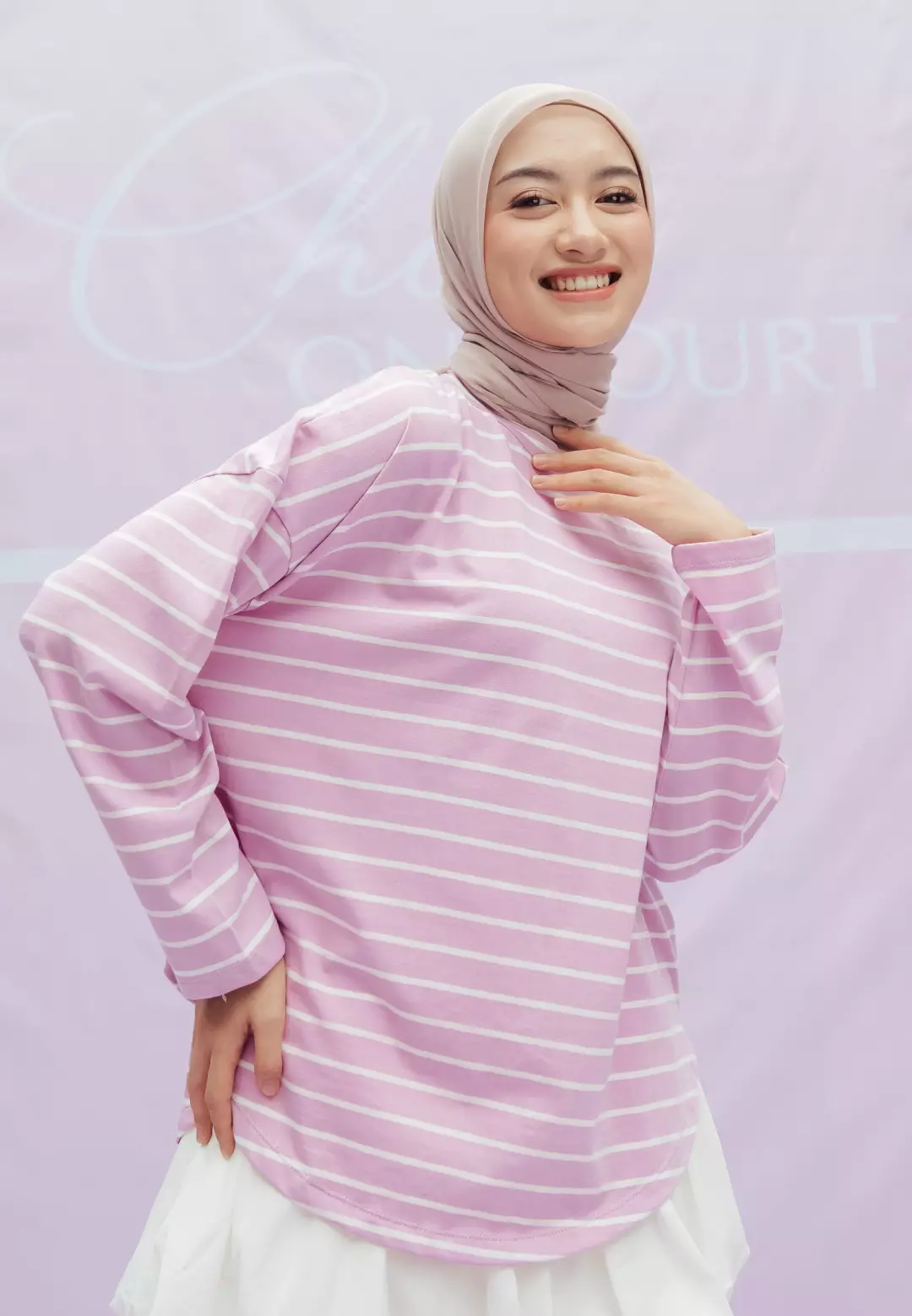 HijabChic Mayumi Stripe Tops Dusty Pink and White - Kaos Stripe Muslim Kasual Oversized Best Seller