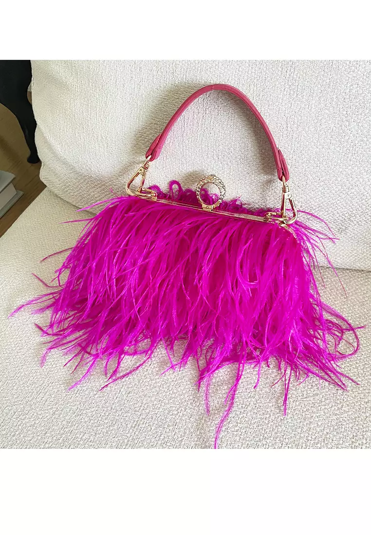 Ostrich Feather Ring Buckle Chain Crossbody Shoulder Small Square Bag