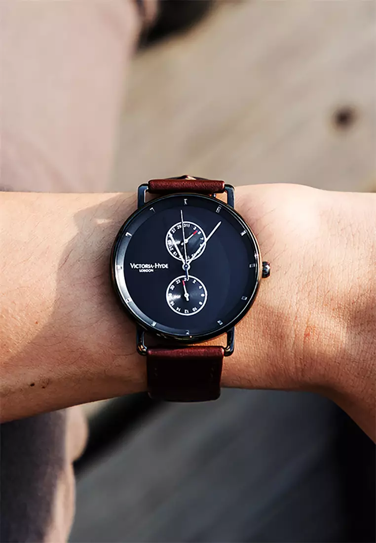 Men's Watch 40mm Grange Hill Date Leather Brown Leather Strap Black Case- Brown