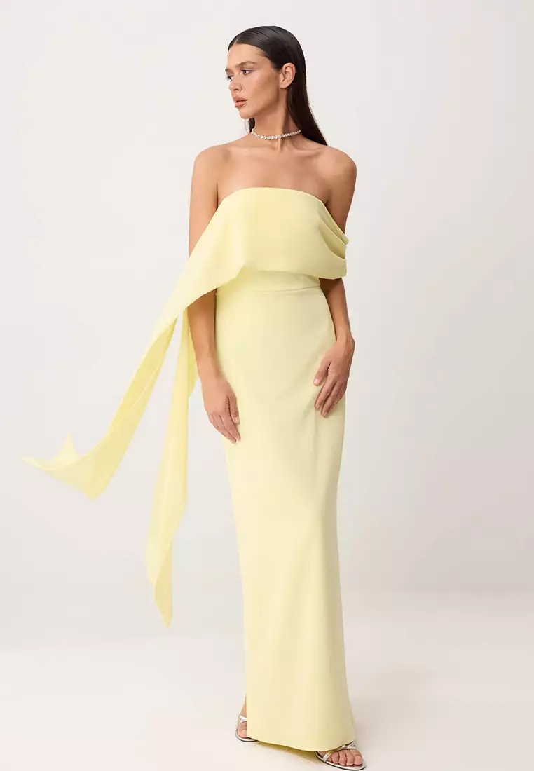 Light Yellow Plain Woven Finike Maxi Evening Dress & Graduation Dress