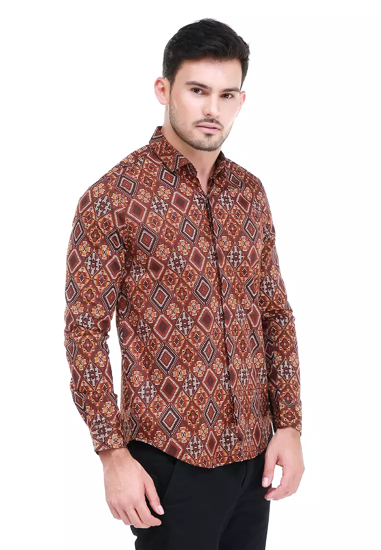 Dwan Kemeja Batik Pria Permata Atasan Formal Longsleeve Shirt Material Cotton ORIGINAL - Brown
