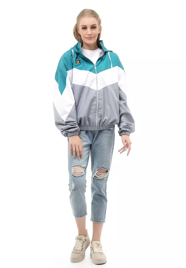 Hardwin Jacket Outer Wanita Hoodie Kombinasi 3 Warna Material Parasut Despo ORIGINAL - Tosca White Gray