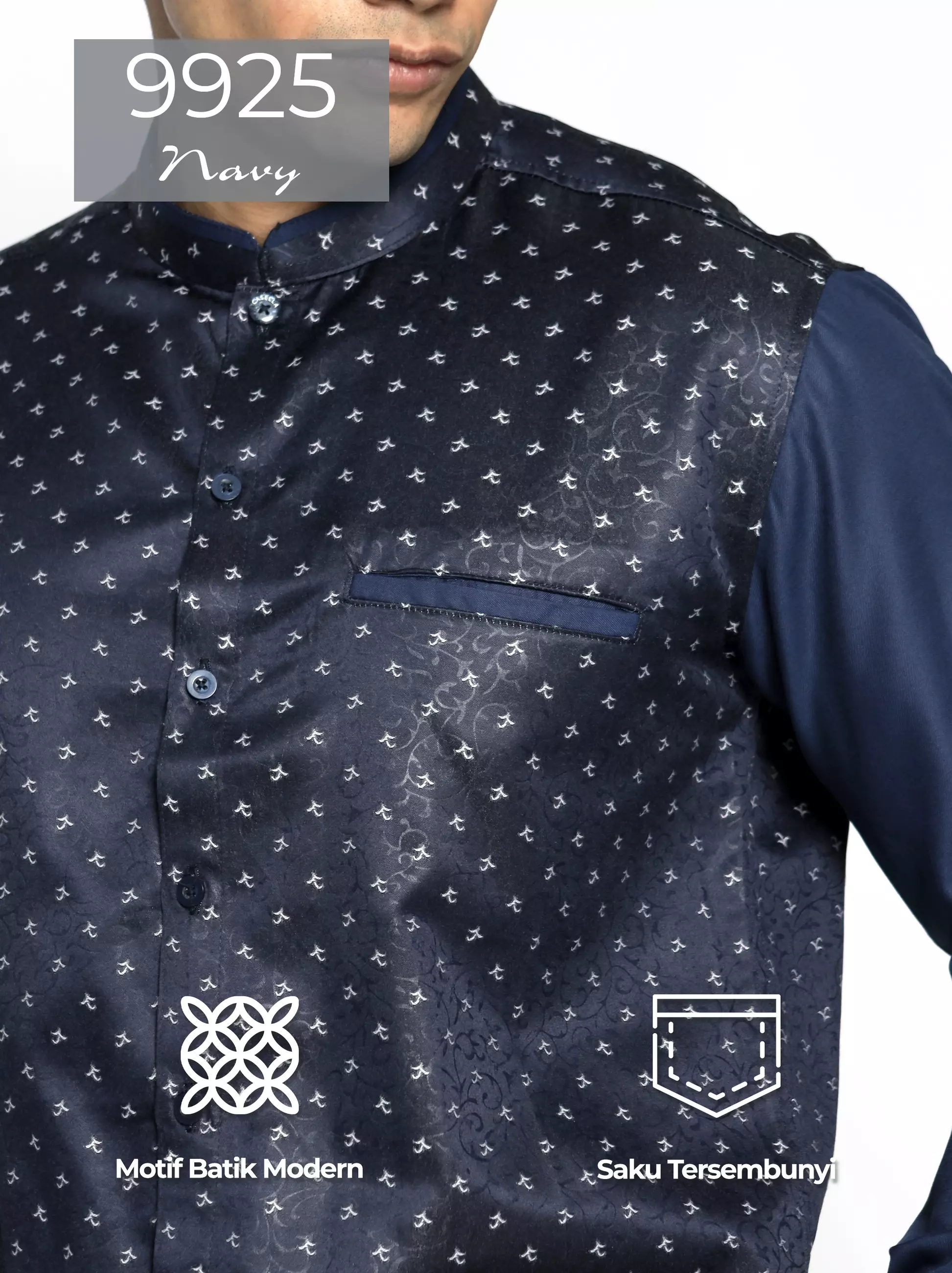 Casella Baju Koko Pria Lengan Panjang Kombinasi Batik Jeddah Design 9925 Navy