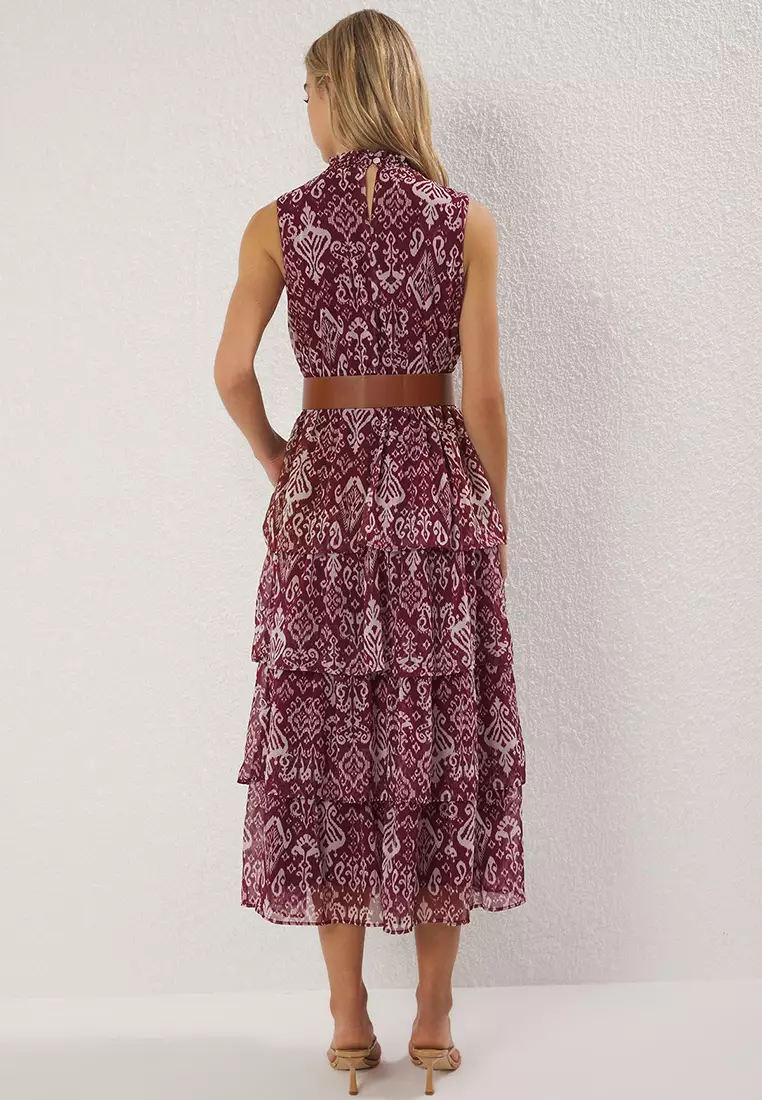 Burgundy Belted Ethnic Skirt Waist Open Maxi Woven Dress Twoss25El00817