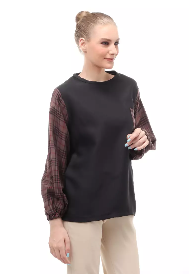 Shana Blouse Dual Tone Color Lengan Puff Atasan Wanita - Brown