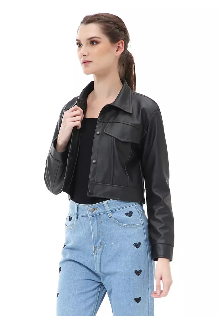 Poppy Outerwear Wanita Jaket Kulit Crop Oversize Big Pocket Material Leather ORIGINAL - Black