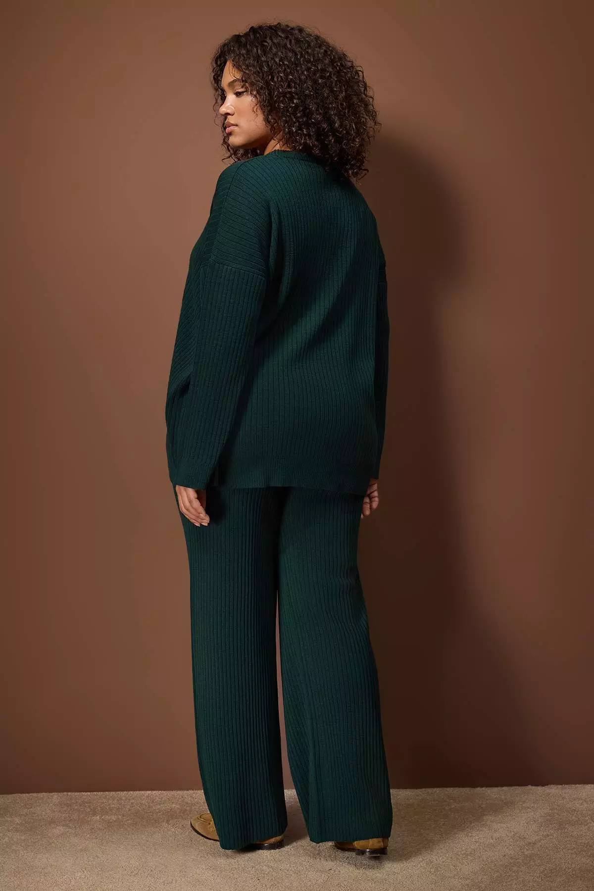 Emerald Green Ribbed Crew Neck Knitwear Sweater Pants Set Tbbaw23Cp00044