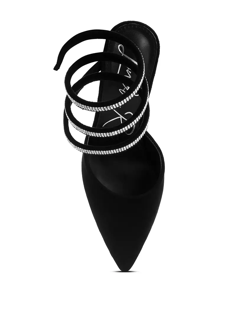 Black Rhinestone Embellished Strap Up Sandals