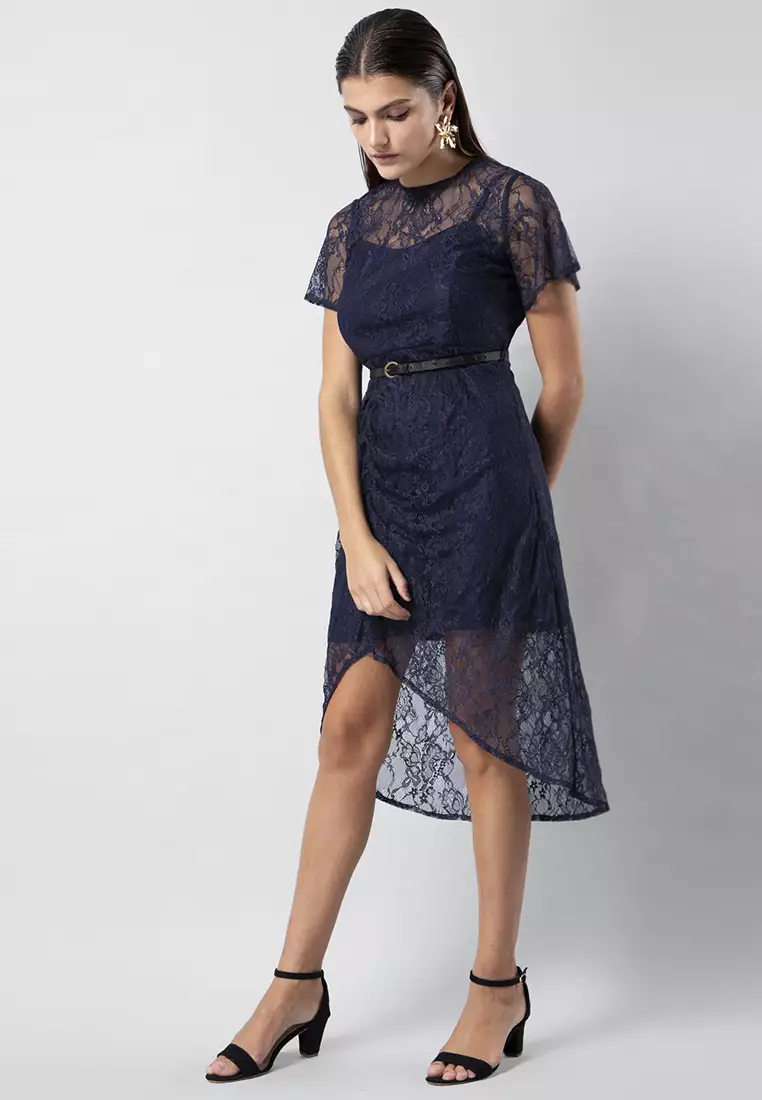 Navy Lace Ruched Midi Dress with Leather Belt