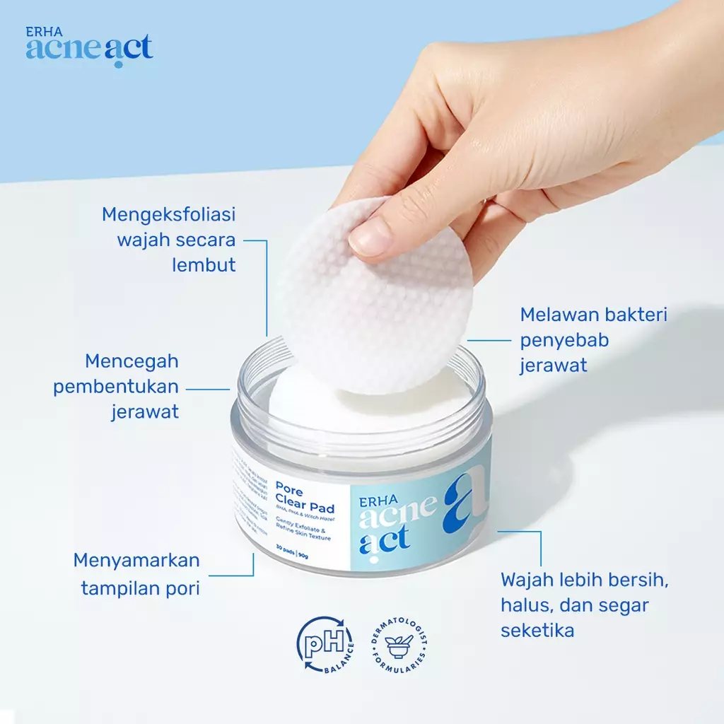 ERHA Acneact Pore Clear Pad 90g - Kapas Eksfoliasi Wajah Berjerawat | AHA, BHA, PHA