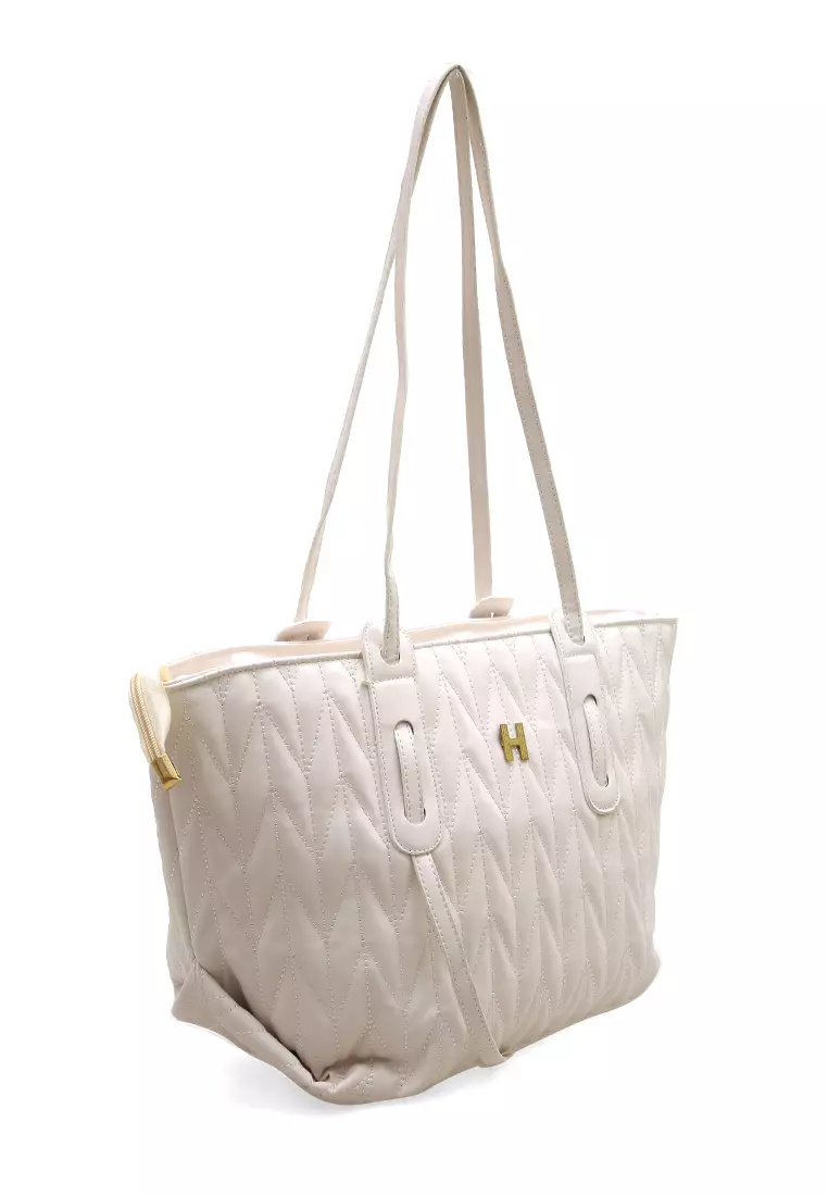 Laura Tas Kerja Wanita Tote Bag Motif Polos Large Compartment Material Leather ORIGINAL - White
