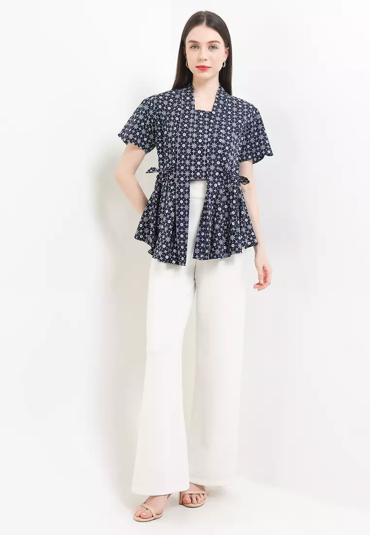 Blouse Atasan Batik Wanita Kutubaru Kiara Truntum Modern Navy Lengan Pendek