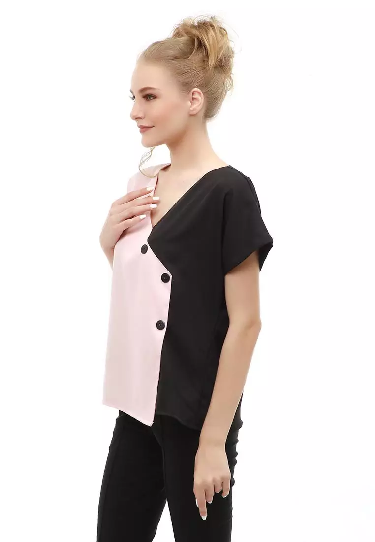 Cheva Blouse Atasan Wanita Kasual Model Asimetris Kombinasi 2 Warna Material Moscrepe ORIGINAL - Peach