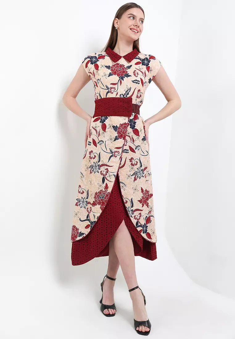 Dress Atasan Wanita Spesial Puspha Collection Naira Kombinasi Katun Dobby Bordir Tanpa Lengan Maroon