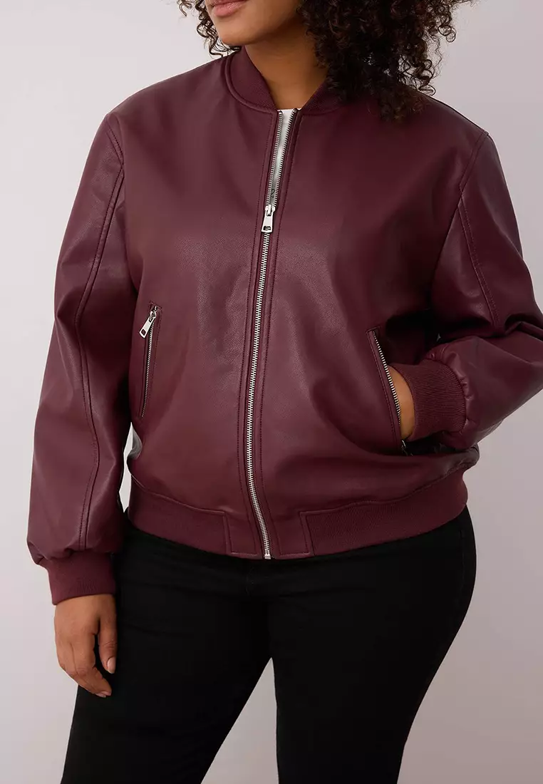 Claret Red Regular Fit Faux Leather Bomber Thin Plus Size Jacket Coat