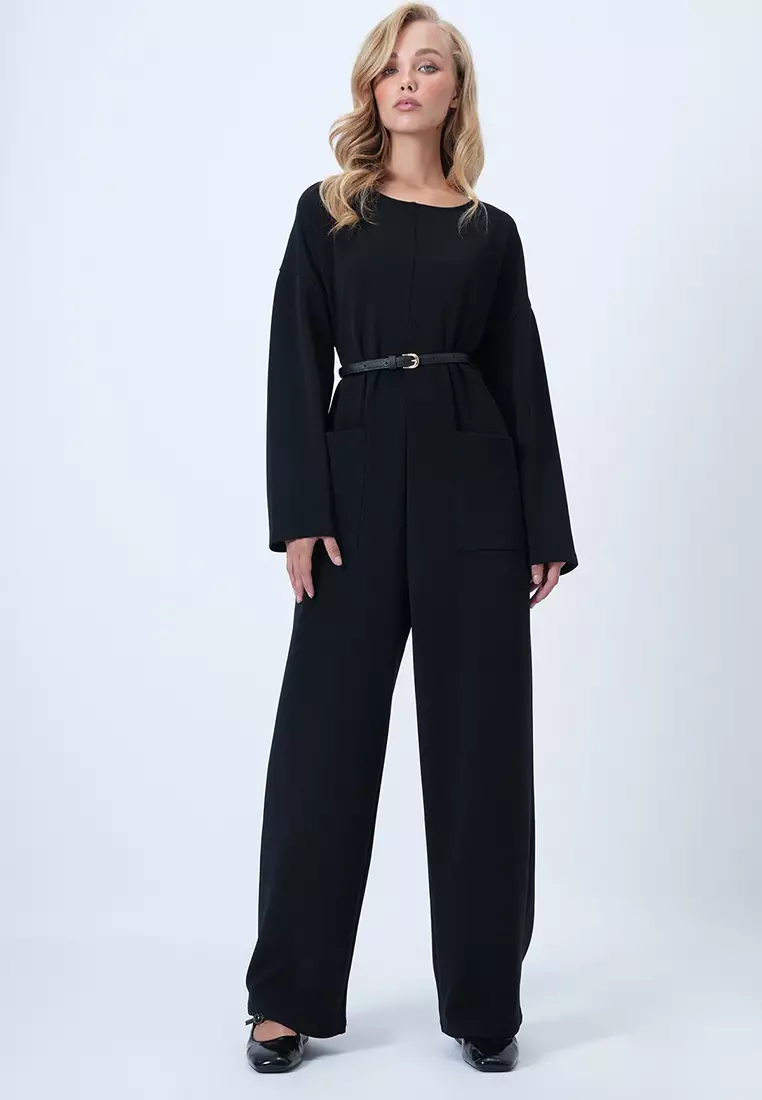 Crew Neck Back Zippered Relaxed Cut Jumpsuit