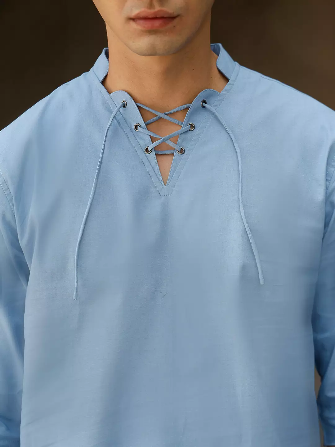 OXCON ZUHUD Kemeja koko Modern Linen Look Collarless Shirt Blue Denim