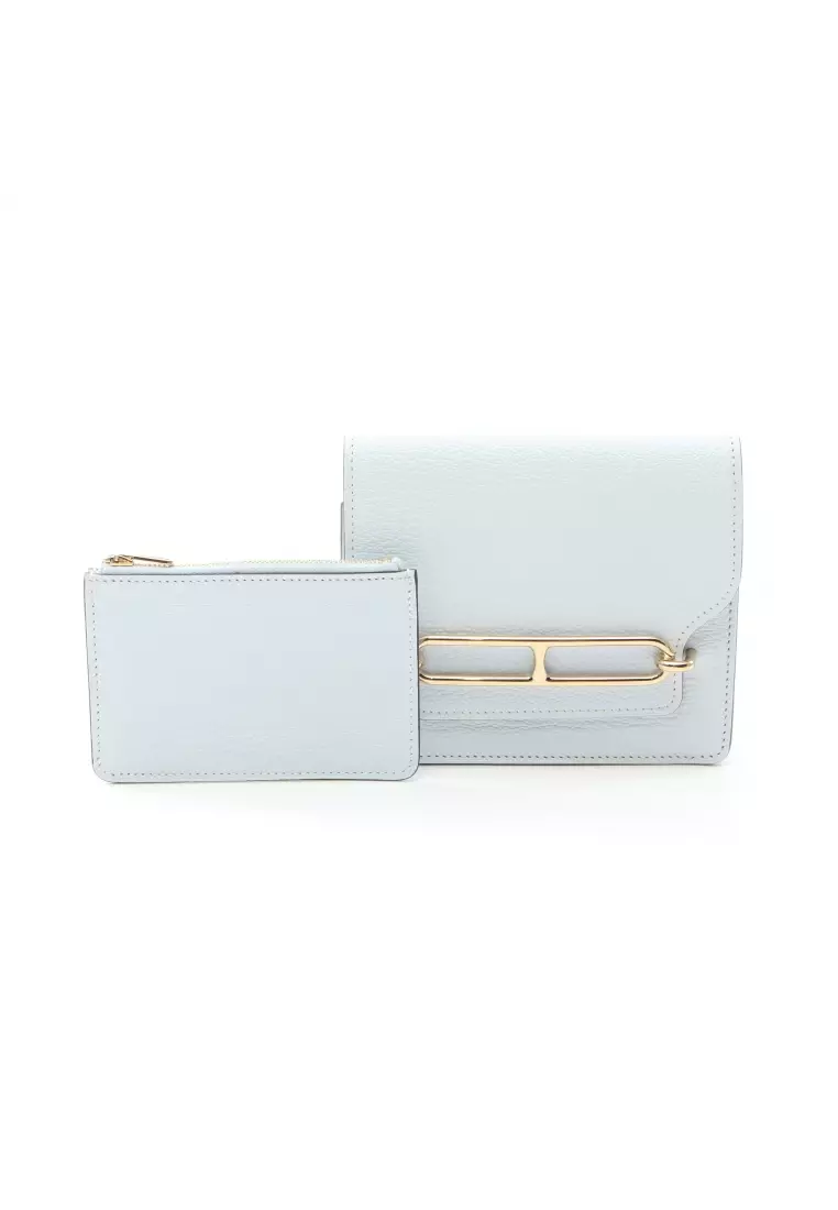 Pre-Loved Hermès Lawris Ruri slim Bi-fold wallet Chevre Light blue gold hardware Z stamp