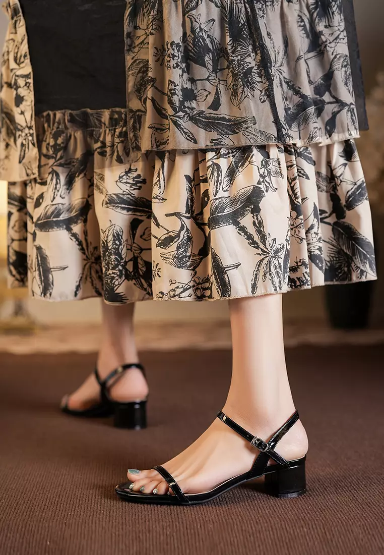 4CM Faux Patent Leather Strap Heel Sandals BY339-1
