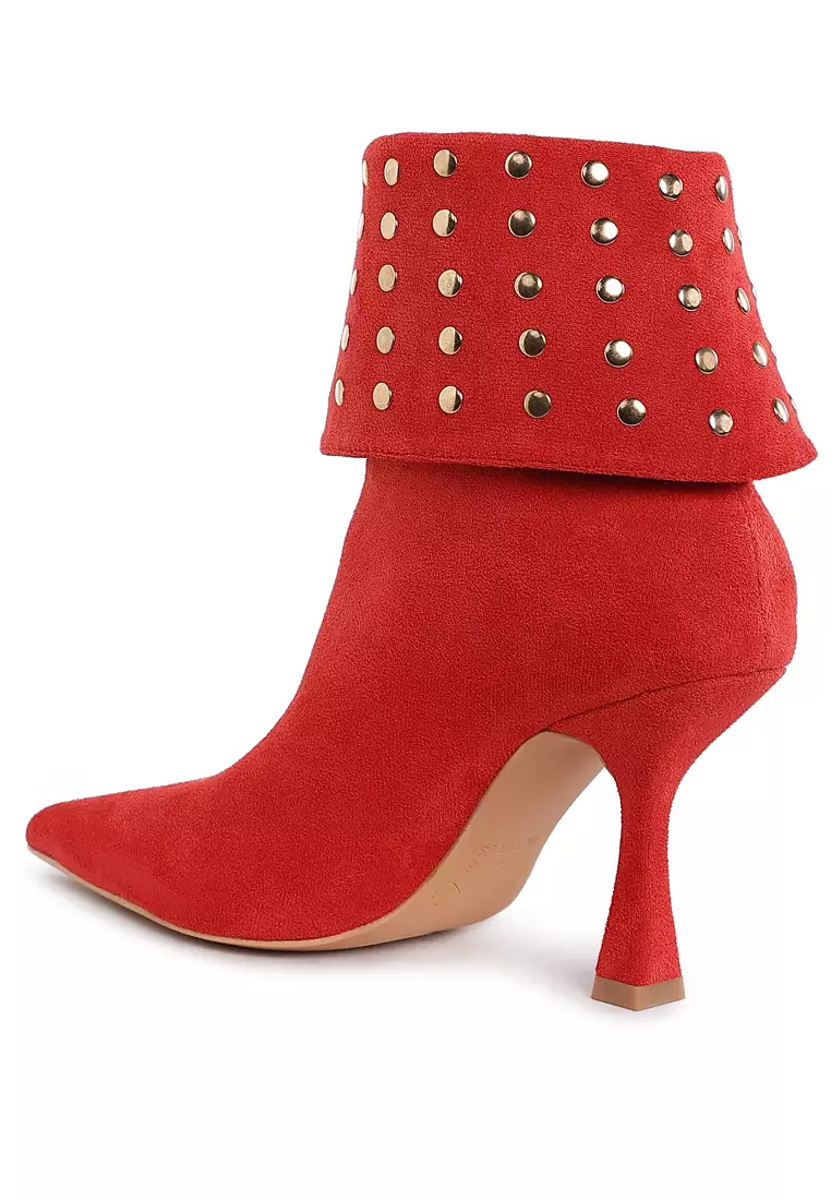 Stud Embellished Foldover Boots in Red