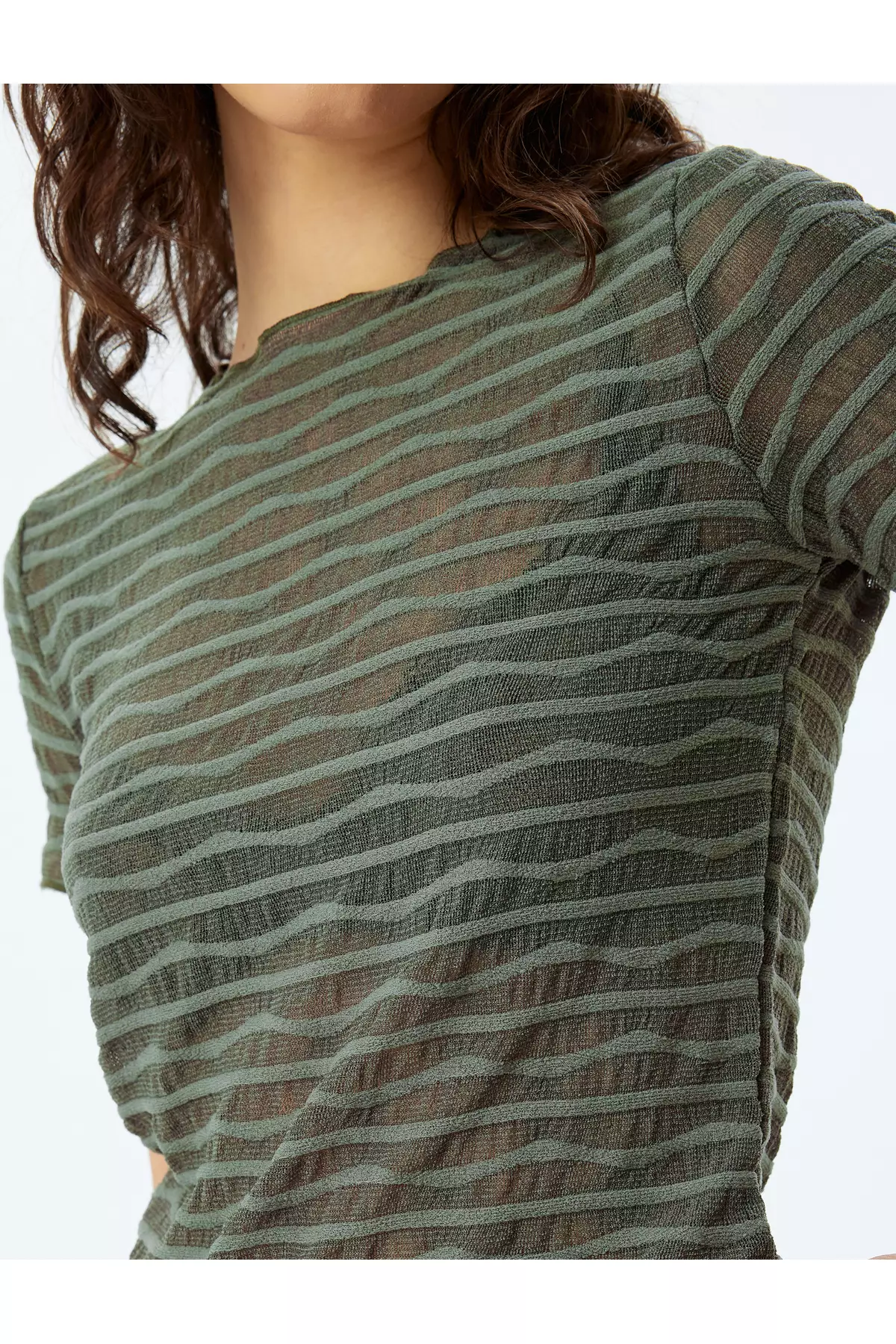 Short Sleeve Round Neck Striped Semi-Transparent Crop T-Shirt