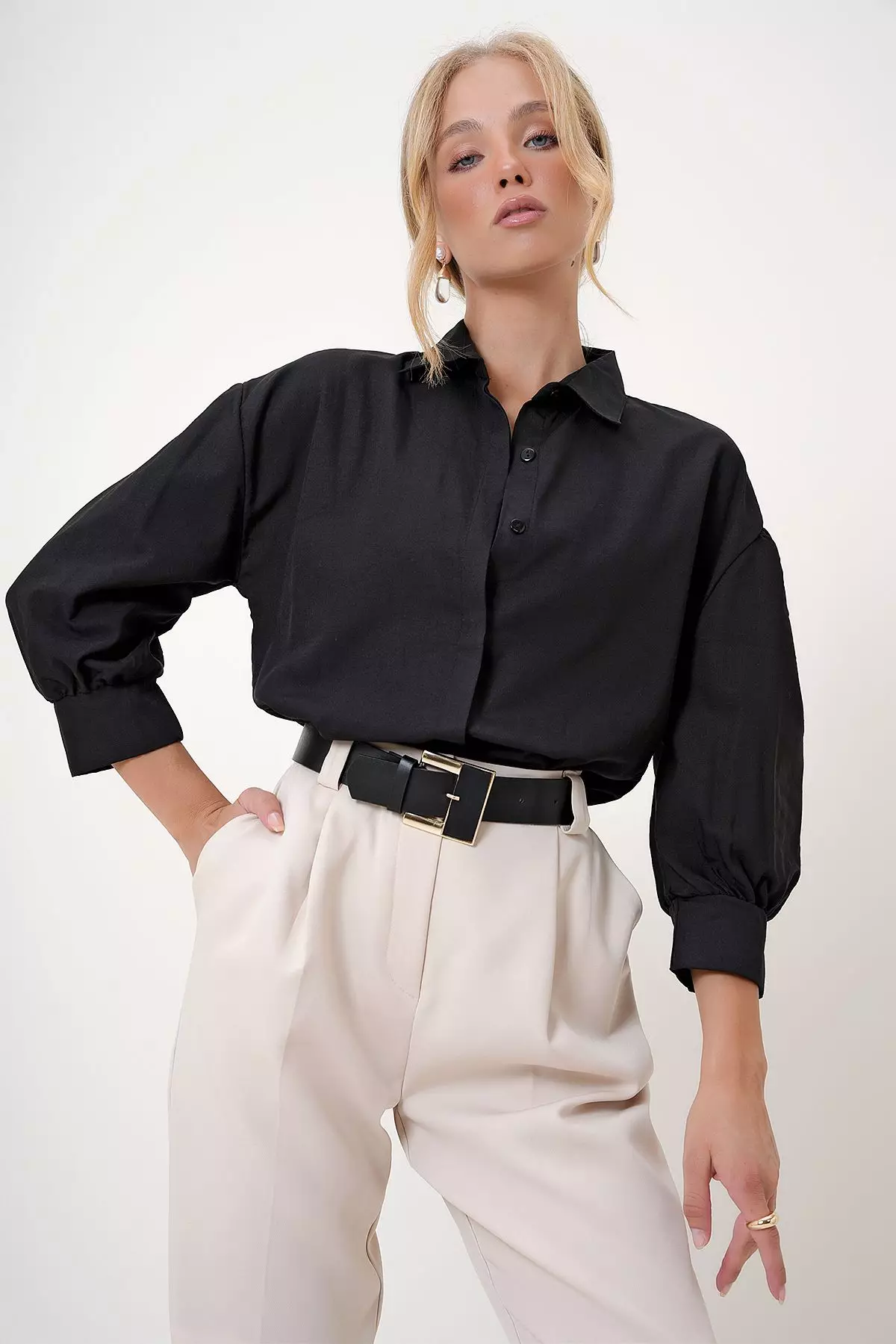 Balloon Sleeve Basic Poplin Shirt