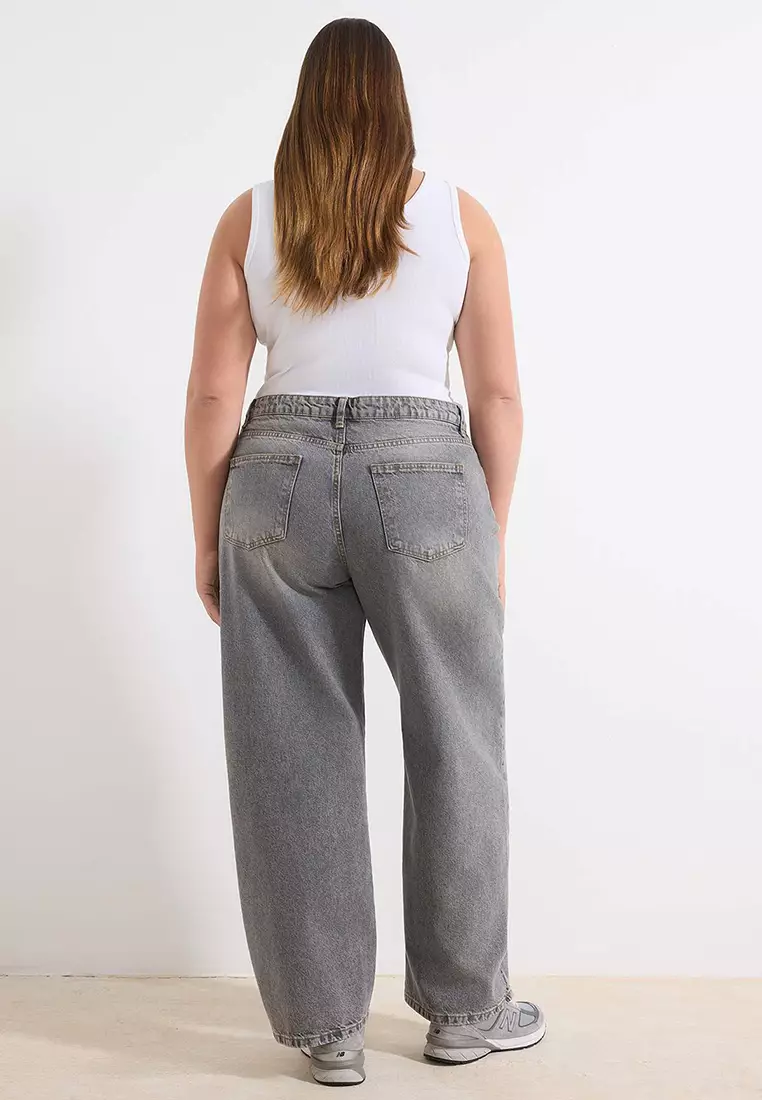 Gray High Waist Barrel Baggy 100% Cotton Non-Stretch Plus Size Jeans Tbbaw26Cj00043