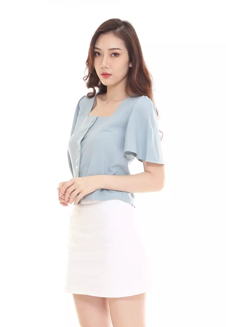 Jewel Top Flare Cap Sleeves in Dusty Blue