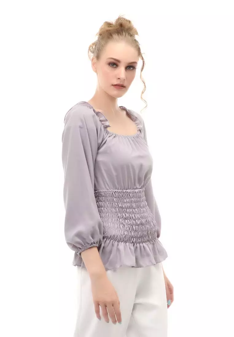 Cheva Blouse Atasan Wanita Sabrina Karet Pinggang Lengan Panjang Casual Shirt Long Sleeve Material Wolfis ORIGINAL - Gray