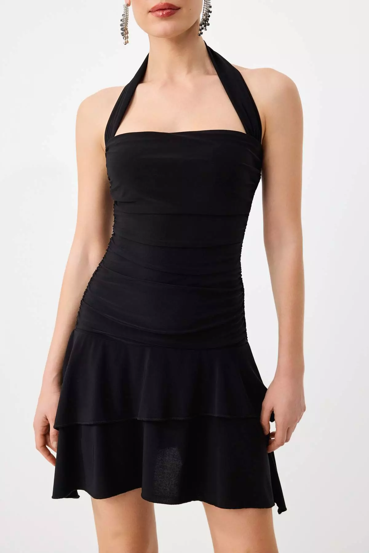 Black Plain Gathered/Draped Knitted Sandy Short/Mini Lined Stylish/Evening Dress