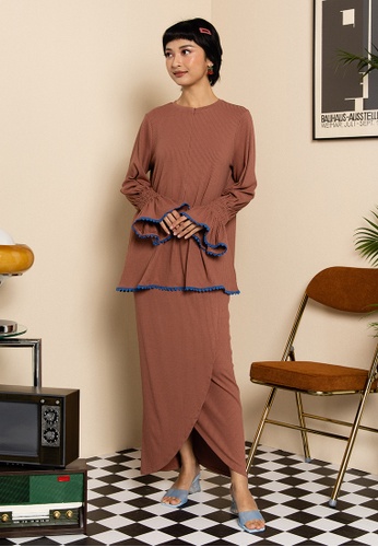 Lubna brown Cotton Knit Kenanga Kurung Set CD2ECAA2D8F29CGS_1