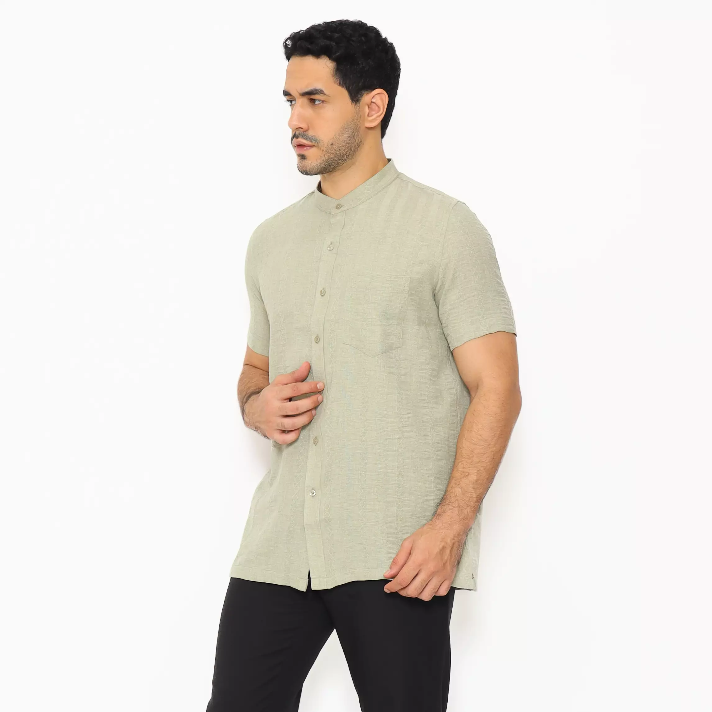 LAWELL DAFFA-S Baju Koko Pria Lengan Pendek Regular Fit Kerah Mandarin Polyester Premium Warna Sage Green