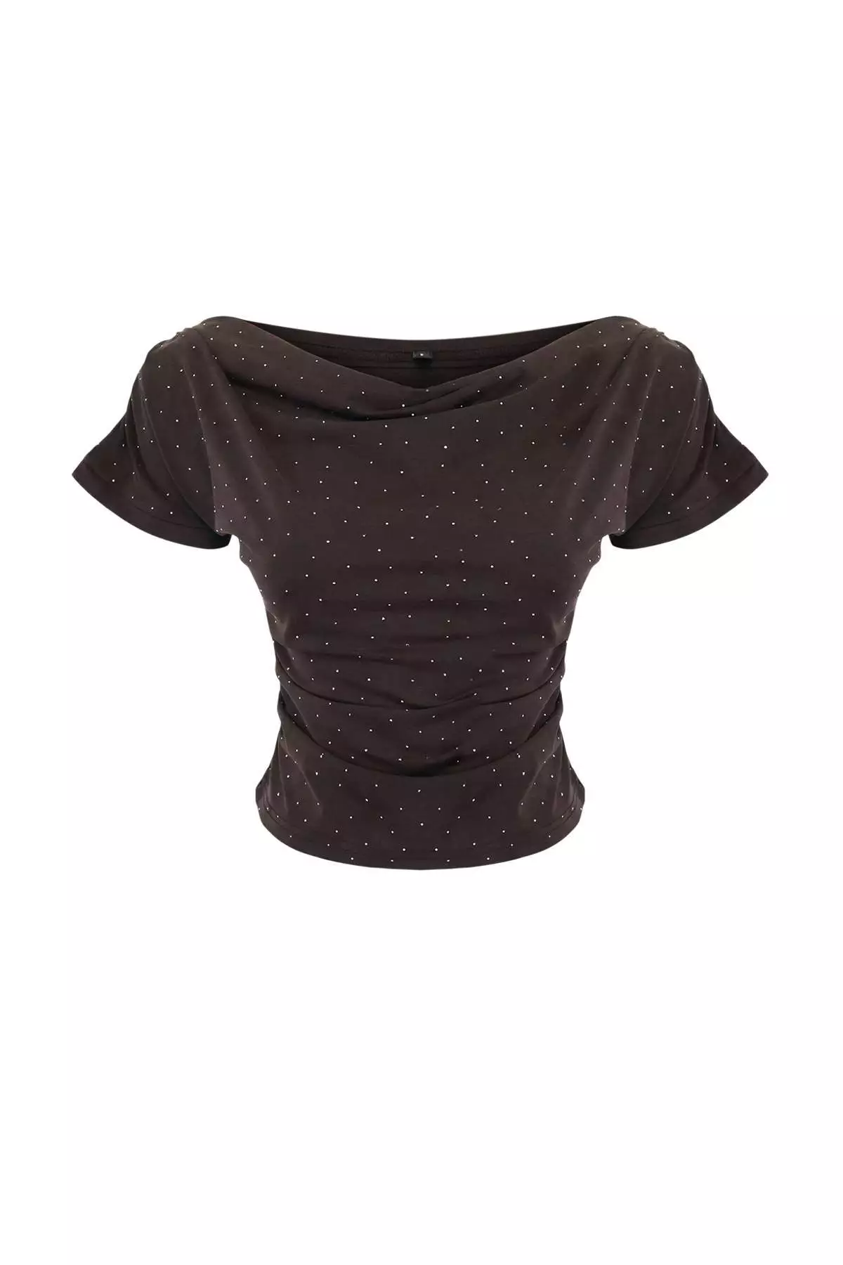 Dark Brown Premium Lyocell Content Soft Knitted Blouse With Degaje Collar Stone Detail Twoss26Bz00714