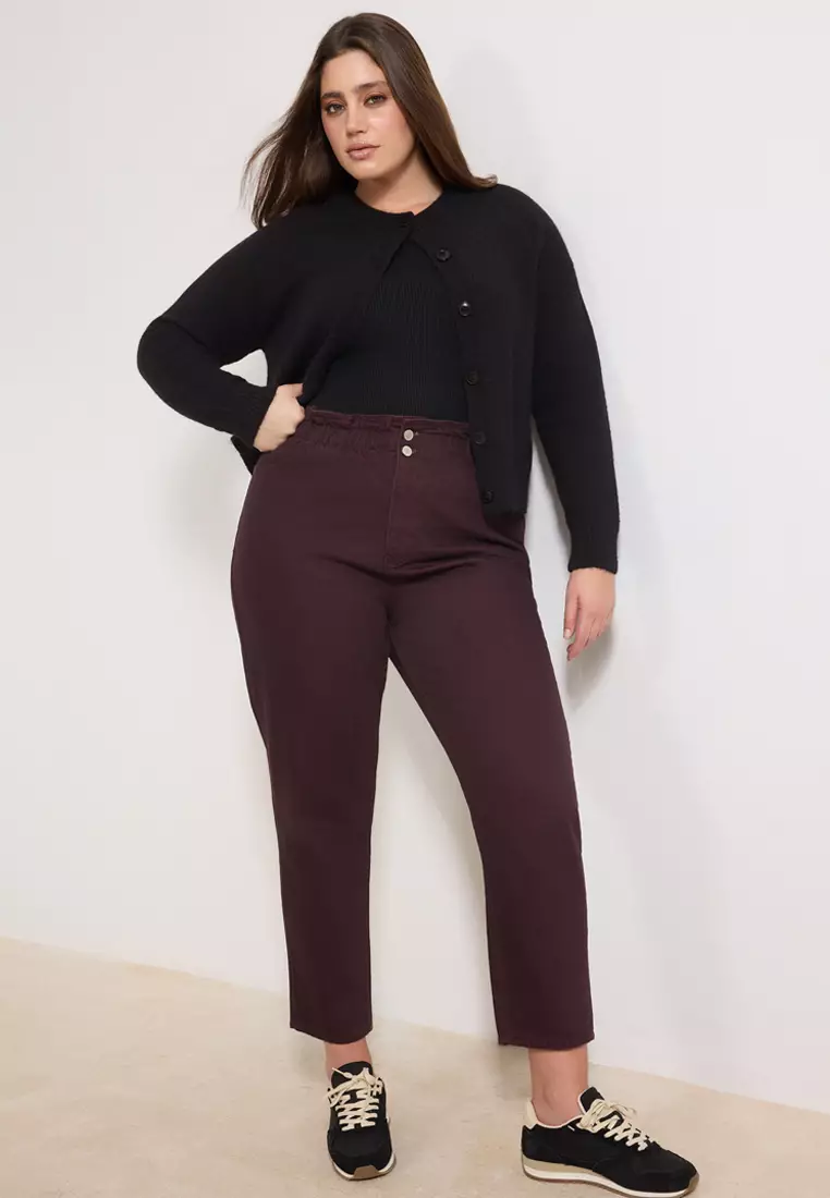 Burgundy High Waist Elastic Waist 100% Cotton Plus Size Mom Jeans Tbbaw23Je00002
