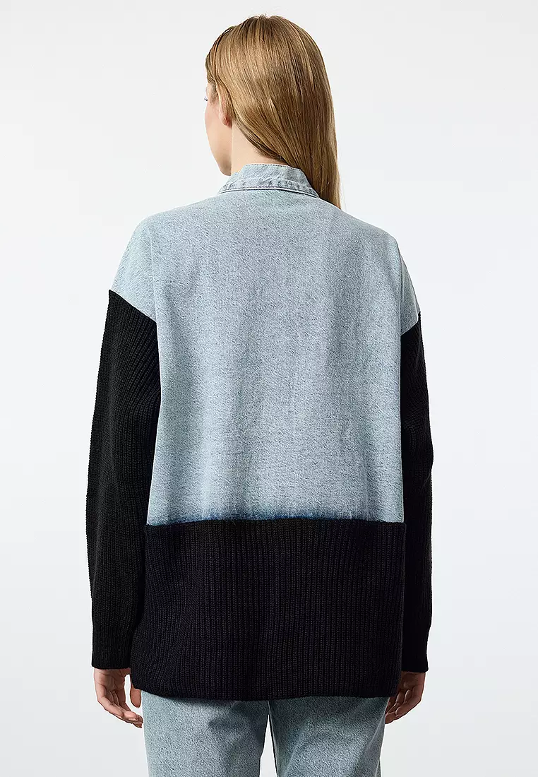 Oversized Denim Jacket with Knit Panel