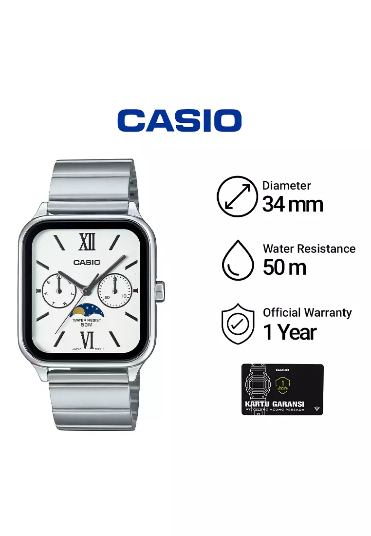 CASIO to the Moon and Back Series MTP-M305D-7A2V Jam Tangan Analog Pria - White Dial Silver Stainless Steel