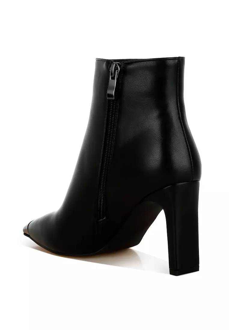 Metallic Cap Toe Faux Leather Boots in Black