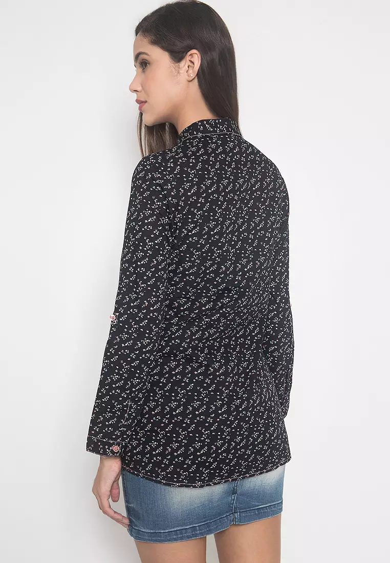 LGS - Slim Fit - Kemeja Wanita - Lengan Panjang - Motif Shanghai - Hitam