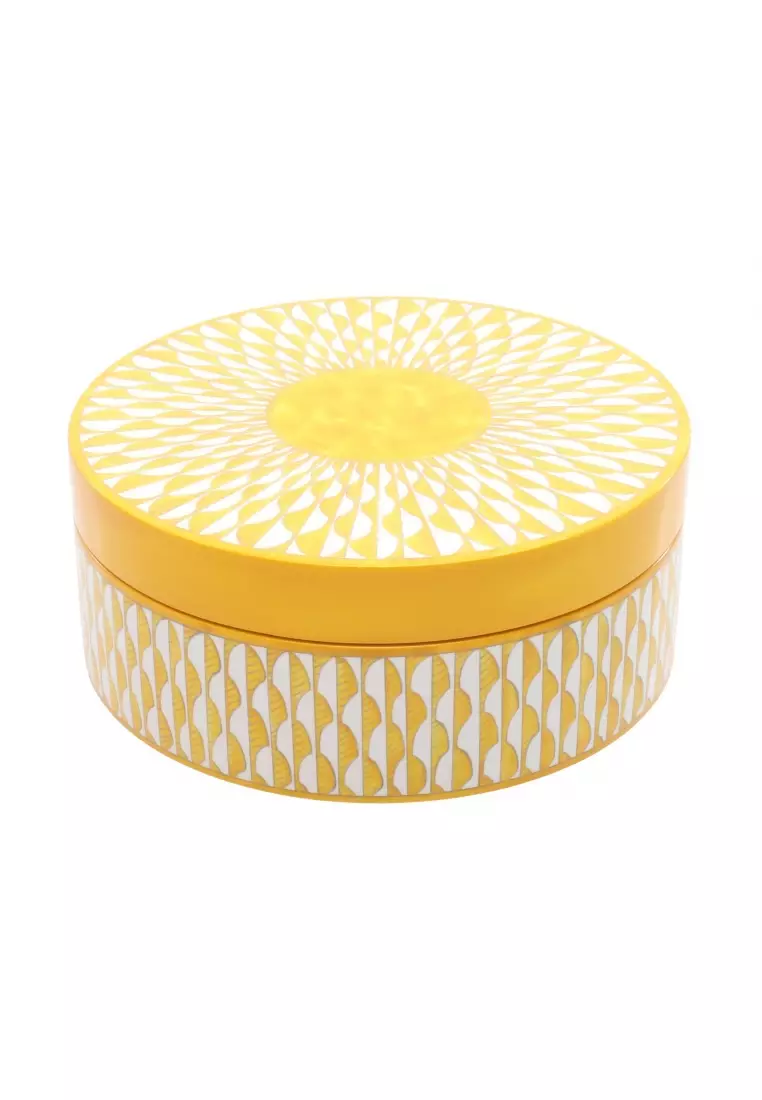 Pre-Loved Hermès Soleil d'Hermès Box MM Airtight storagetableware lacquer wood stainless yellow white gray