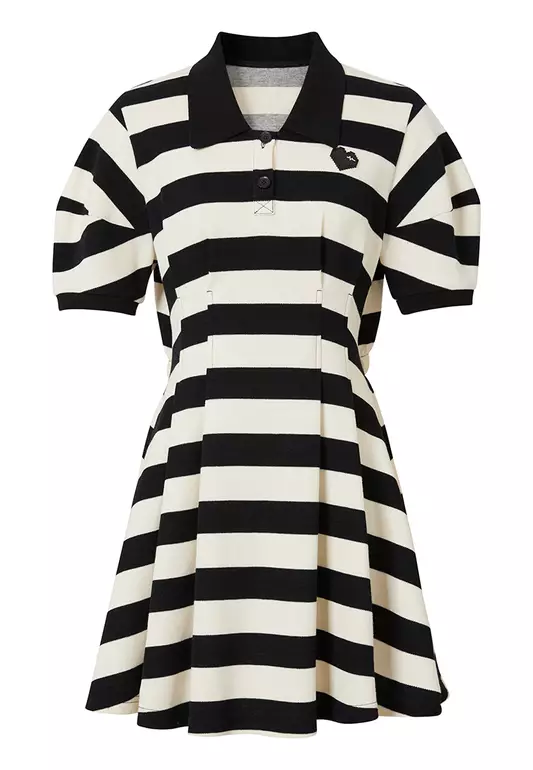 Puff Sleeve Polo T-Shirt Dress with Stripes