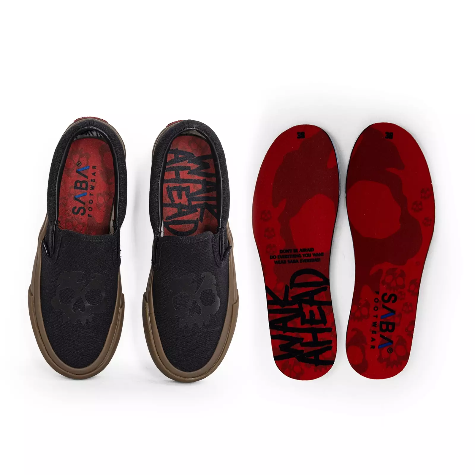 SABA Slip On Skull All Black Dark Gum - Sepatu Sneakers Casual Pria Wanita