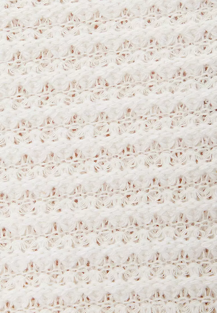 Crochet Textured Window Detail Crew Neck Comfortable Fit Sweater