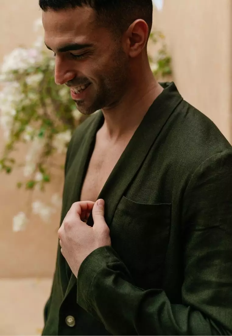 Olive Blazer Linen Pria Hijau Army - Linen Blazer Men Army Green
