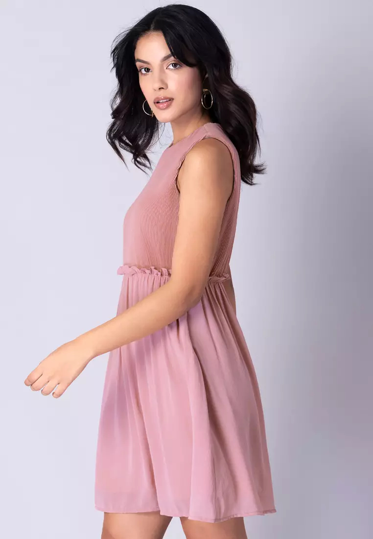 Pink Pleated Waist Frill Mini Dress