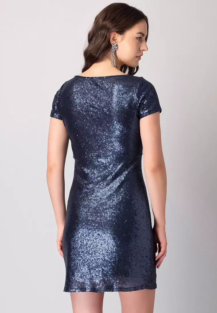 Navy Blue Round Neck Sequin A-Line Dress
