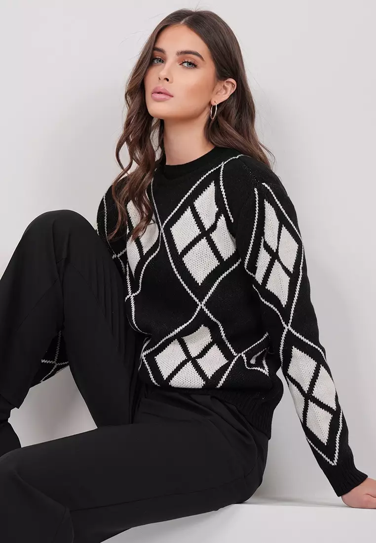 Crew Neck Argyle Patterned Premium Knitwear Sweater