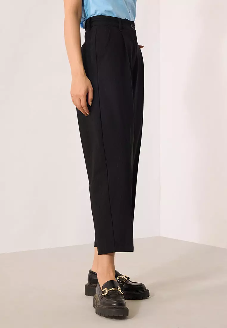 VIRGIO Viscose Stretch Black Tapered Pleated Pant